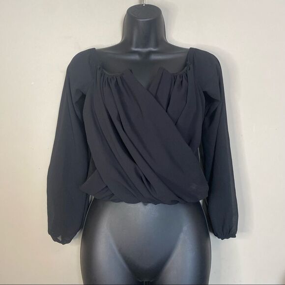 WINDSOR Black Sheer Sleeves Sweetheart Ruched Wrap Crop Top - Picture 6 of 9